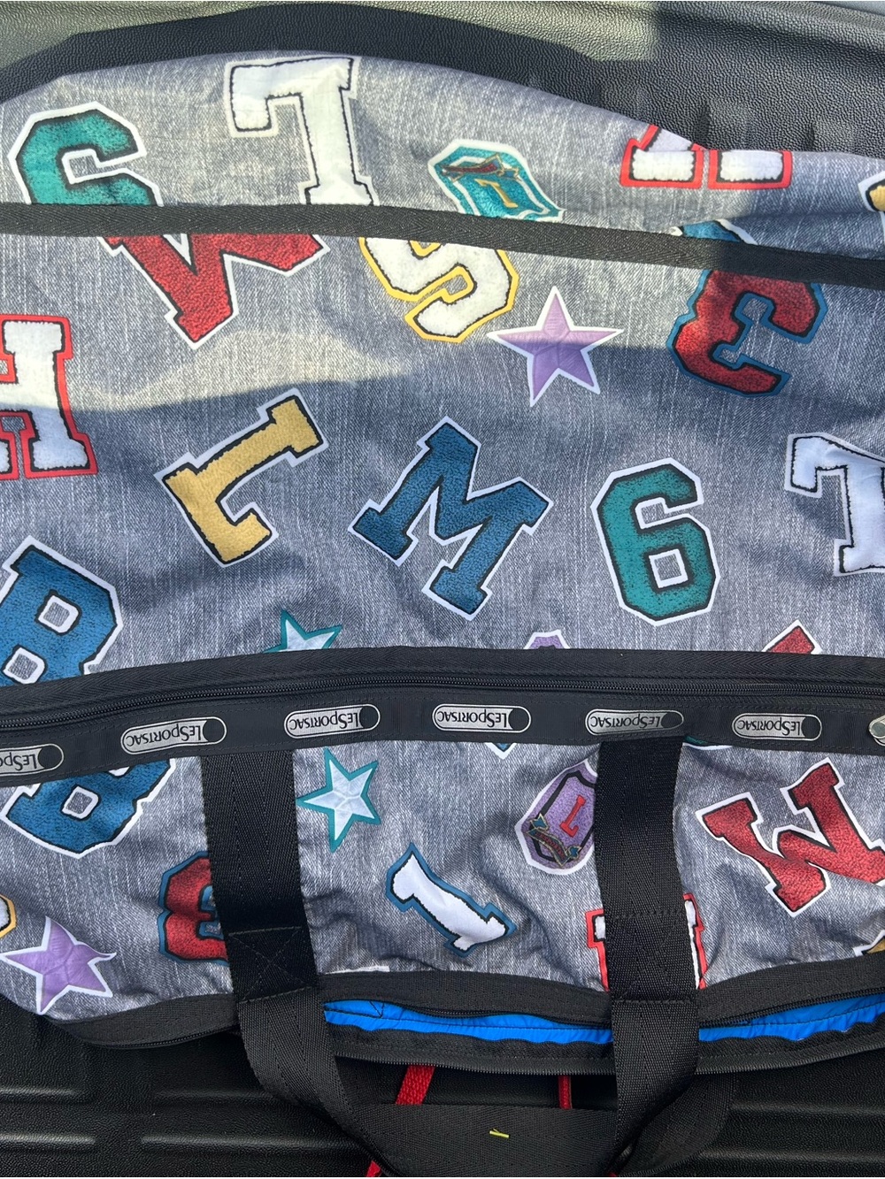 LeSportsac Gray Duffel with Multicolor Varsity Letter Accents